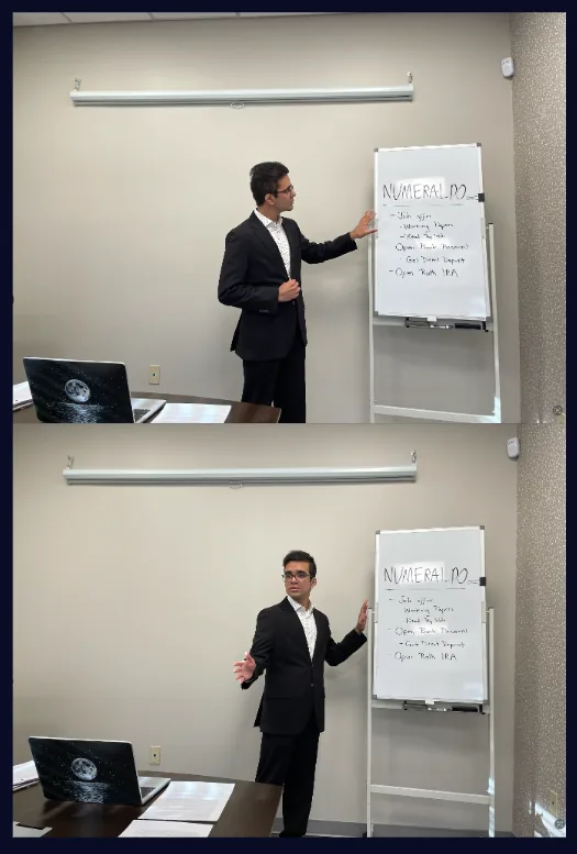Rohan Raghu teaching at a whiteboard at the Teen Finance Workshop.
